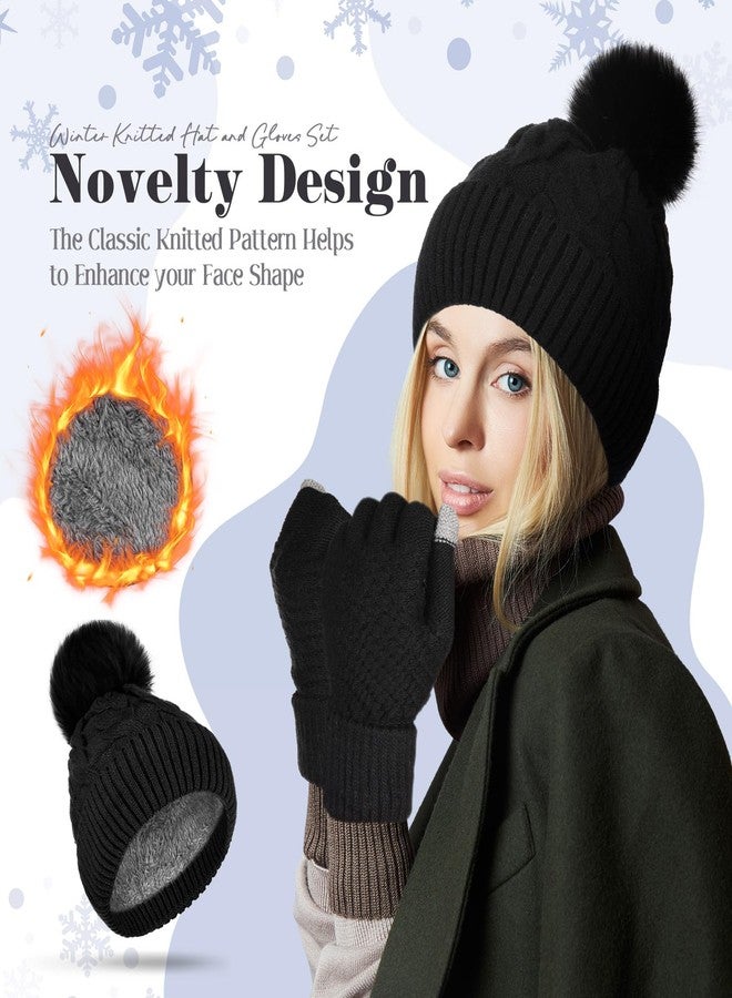 ShinyMatch Womens Winter Fleece Lined Knitted Beanie Hat Glove Set, Warm Pom Pom Beanie Knit Cap Touchscreen Gloves for Women(Black) - Image 4
